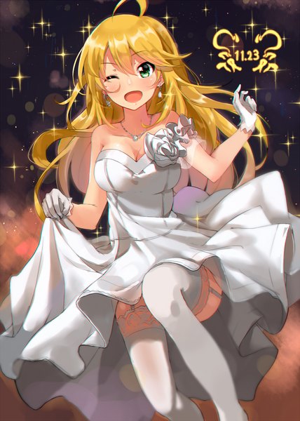 Anime picture 800x1120 with idolmaster hoshii miki kurokin single long hair tall image looking at viewer blush open mouth blonde hair green eyes ahoge one eye closed wink sleeveless girl thighhighs dress gloves earrings