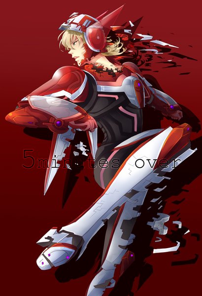 Anime picture 1200x1756 with tiger & bunny sunrise (studio) barnaby brooks jr. aca single tall image short hair open mouth simple background blonde hair green eyes profile inscription red background boy armor suit mecha