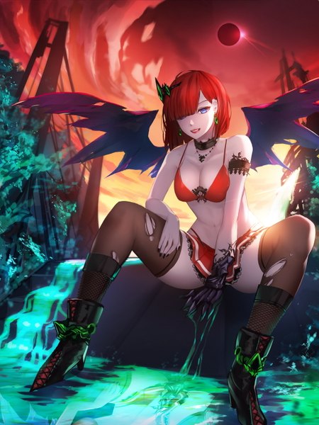 Anime picture 1050x1400 with original a-line single tall image looking at viewer fringe short hair breasts blue eyes light erotic smile red hair hair over one eye torn clothes red moon girl thighhighs skirt navel black thighhighs