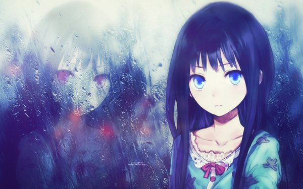 Anime picture 1920x1200 with kamisama no memochou shionji yuuko (alice) pure-poison89 single long hair looking at viewer highres blue eyes black hair red eyes wide image wallpaper reflection rain girl water buttons