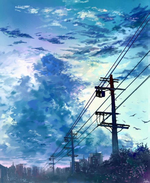 Anime picture 983x1200 with original koocha hikari tall image sky cloud (clouds) city cityscape flying no people plant (plants) animal tree (trees) bird (birds) power lines