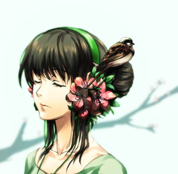 Anime picture 2348x2294 with original kzcjimmy single long hair highres black hair simple background brown hair eyes closed hair flower face nature girl hair ornament flower (flowers) animal headphones bird (birds) branch sparrow