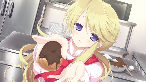 Anime picture 2560x1440 with mizu no miyako no patisserie long hair blush highres blue eyes blonde hair wide image game cg girl food sweets chocolate