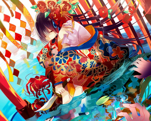 Anime picture 1500x1200 with original omutatsu single long hair black hair sitting holding looking away barefoot hair flower orange eyes reflection chinese clothes girl hair ornament flower (flowers) water knife hands