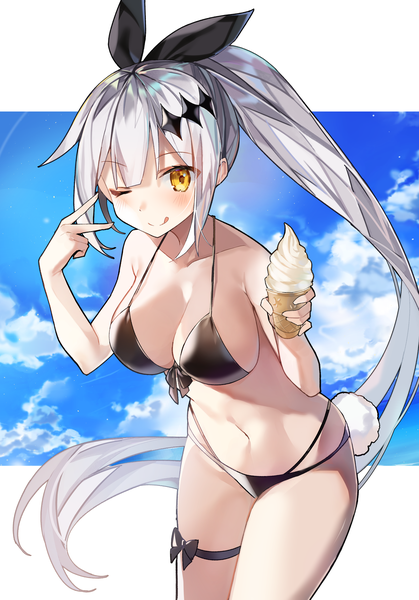 Anime picture 2122x3035 with girls frontline five-seven (girls frontline) sabet (young ouo) single tall image looking at viewer blush fringe highres breasts light erotic large breasts standing holding payot cleavage silver hair cloud (clouds) ponytail tail