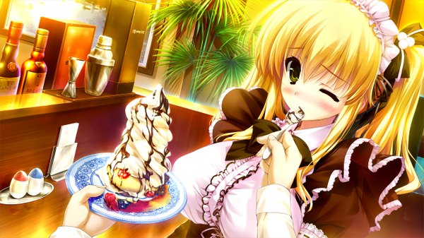 Anime picture 2560x1440 with prism recollection uisaki hinano shintarou long hair looking at viewer blush highres breasts blonde hair wide image large breasts twintails green eyes game cg one eye closed wink maid eating girl dress