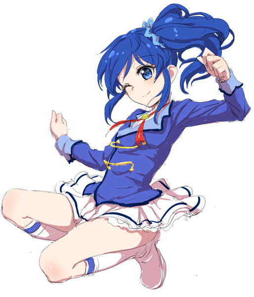 Anime picture 981x1146 with aikatsu! kiriya aoi clearite single long hair tall image blush blue eyes simple background smile white background blue hair looking away ponytail one eye closed wink side ponytail spread arms jumping sketch