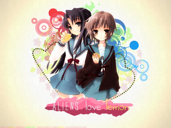 Anime picture 1600x1200 with suzumiya haruhi no yuutsu kyoto animation nagato yuki asakura ryouko itou noiji official art girl serafuku cardigan lemon