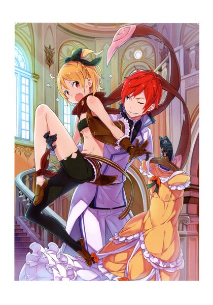 Anime picture 2000x2859 with re:zero kara hajimeru isekai seikatsu white fox felt (re:zero) reinhard van astrea ootsuka shin'ichirou tall image highres short hair open mouth blue eyes blonde hair smile red eyes ahoge bent knee (knees) ponytail red hair one eye closed official art leg hold