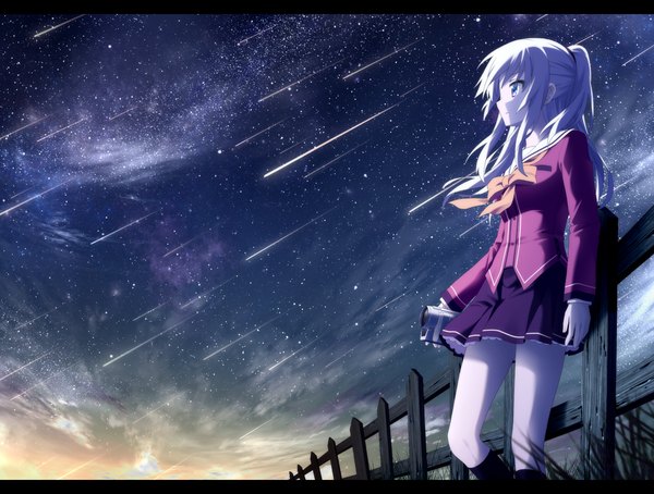 Anime picture 1155x874 with charlotte p.a. works tomori nao haribote (tarao) single long hair blue eyes holding looking away white hair ponytail wind night night sky evening letterboxed scenic against fence meteor rain girl