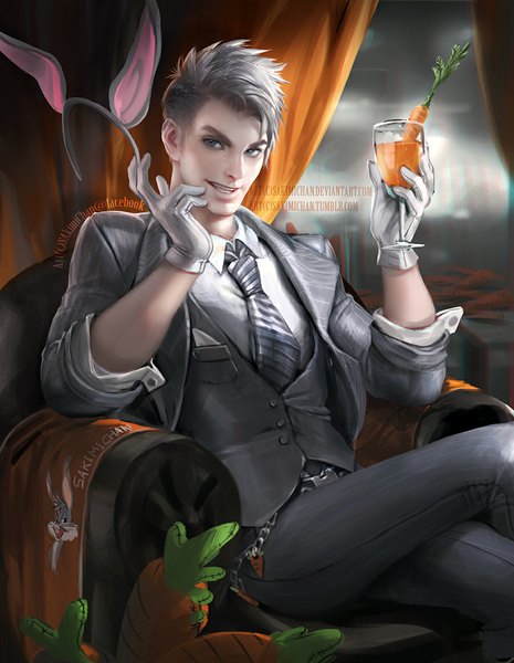 Anime picture 900x1161 with looney tunes warner bros bugs bunny sakimichan tall image looking at viewer short hair open mouth sitting animal ears grey hair realistic grey eyes bunny ears crossed legs watermark fake animal ears clenched teeth twisty sleeves bunny boy