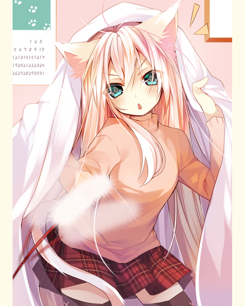 Anime picture 800x1000 with original nekoto long hair tall image blush open mouth blue eyes blonde hair animal ears tail animal tail cat ears cat girl cat tail girl thighhighs skirt black thighhighs sweater