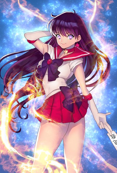 Anime picture 1070x1586 with bishoujo senshi sailor moon toei animation hino rei sailor mars elizabeth (erika123) single long hair tall image smile purple eyes purple hair looking back magic girl skirt gloves bow sailor suit