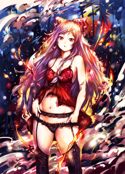 Anime picture 900x1259 with touhou fujiwara no mokou mayonaka taruho single long hair tall image looking at viewer breasts light erotic red eyes standing bare shoulders cleavage outdoors white hair night :o groin smoke girl