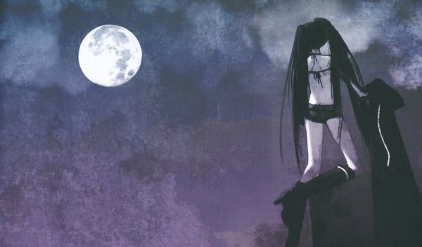 Anime picture 3008x1767 with black rock shooter black rock shooter (character) huke single long hair highres black hair wide image twintails scan night back pale skin girl shorts boots moon