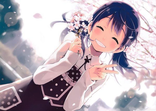 Anime picture 4908x3500 with original eretto single long hair blush highres black hair smile absurdres ahoge eyes closed wind scan dutch angle cherry blossoms victory happy ^ ^ girl flower (flowers)