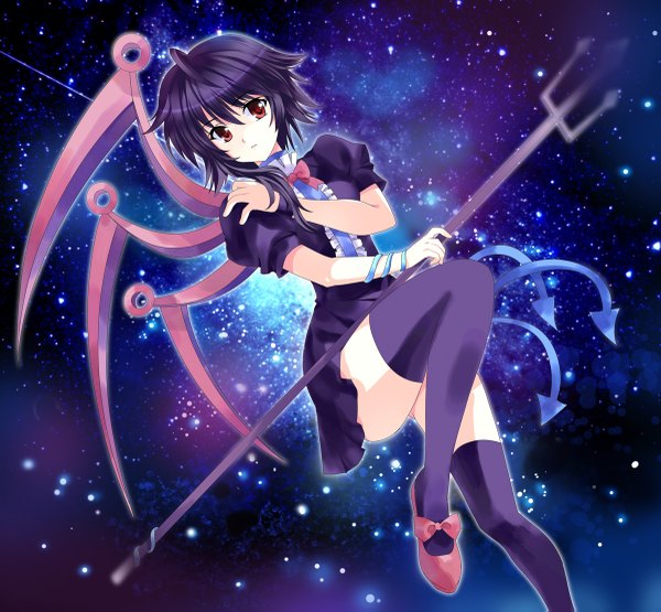 Anime picture 1200x1111 with touhou houjuu nue pico (picollector79) short hair black hair red eyes space girl thighhighs weapon black thighhighs wings star (stars) trident directional arrow