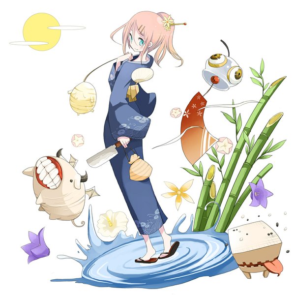 Anime picture 1078x1078 with original takagi (tansuke) tansuke single long hair blush pink hair cloud (clouds) ponytail traditional clothes japanese clothes looking back aqua eyes light smile girl hair ornament flower (flowers) plant (plants) water kimono