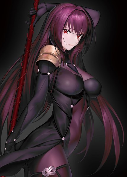Anime picture 2590x3623 with fate (series) fate/grand order scathach (fate) (all) scathach (fate) yagitome87 single long hair tall image looking at viewer fringe highres breasts light erotic simple background smile red eyes holding purple hair covered navel black background