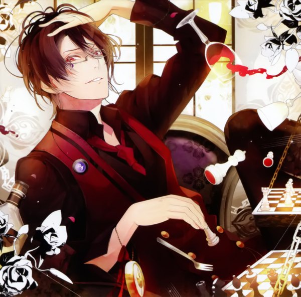 Anime picture 2629x2597 with diabolik lovers idea factory sakamaki reiji looking at viewer highres short hair black hair smile red eyes vampire boy glasses chess