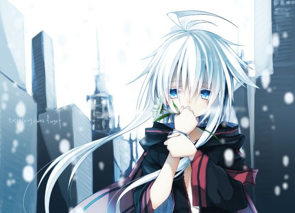 Anime picture 1200x867 with original pixiv fantasia pixiv fantasia t xiao (pixiv4032523) single long hair looking at viewer fringe blue eyes ahoge white hair city cityscape exhalation girl flower (flowers) building (buildings)