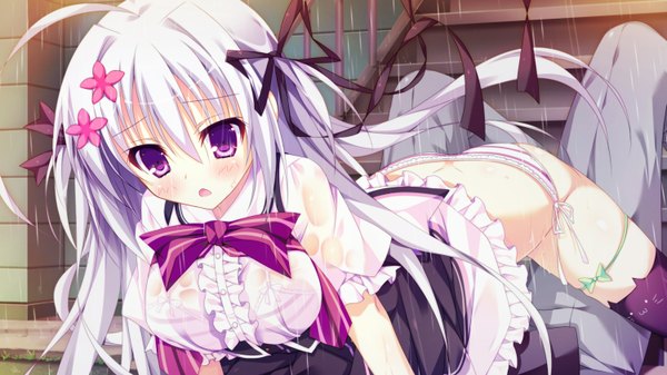 Anime picture 1500x844 with panical confusion hanabishi honoka shiromochi sakura long hair blush fringe breasts open mouth light erotic wide image large breasts purple eyes game cg silver hair two side up solo focus rain wet clothes girl thighhighs