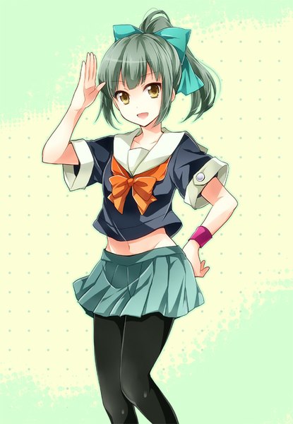 Anime picture 623x900 with kantai collection yuubari light cruiser kubyou azami single tall image looking at viewer fringe short hair open mouth brown eyes bent knee (knees) ponytail green hair bare belly hand on hip polka dot polka dot background salute girl navel