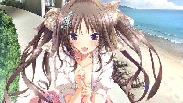 Anime picture 1280x720 with chrono clock andou misaki koku single long hair blush open mouth brown hair wide image purple eyes twintails game cg girl dress hair ornament bow hair bow