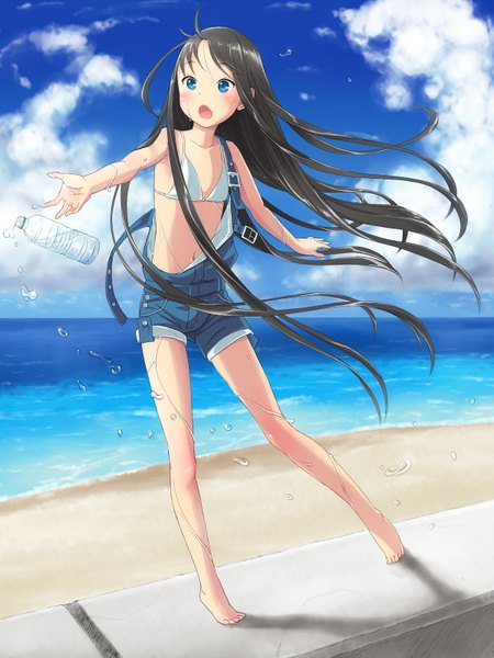 Anime picture 1200x1600 with original kimagure blue single long hair tall image blush fringe breasts open mouth blue eyes black hair standing looking away sky barefoot bare legs sweat beach outstretched arm flat chest
