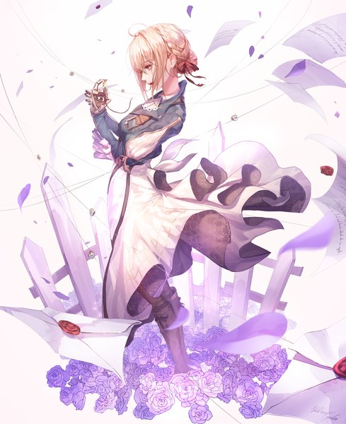Anime picture 1500x1841 with violet evergarden kyoto animation violet evergarden (character) seol single tall image fringe short hair open mouth blue eyes blonde hair hair between eyes standing white background holding payot full body ahoge braid (braids) profile