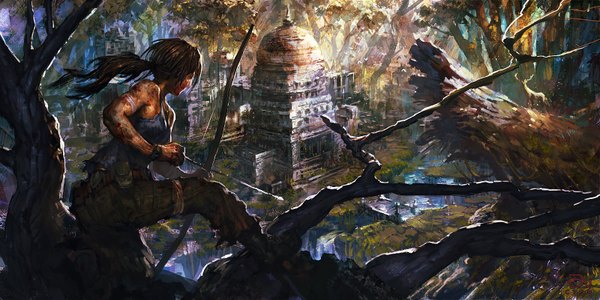 Anime picture 1600x801 with tomb raider lara croft danciao single long hair brown hair wide image looking away sunlight scenic river girl weapon plant (plants) tree (trees) blood pants forest bow (weapon) arrow (arrows)