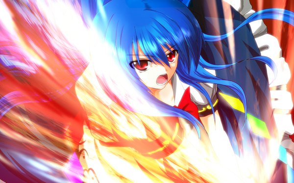 Anime picture 1920x1200 with touhou hinanawi tenshi nekominase single long hair highres open mouth red eyes wide image blue hair girl dress bowtie fire