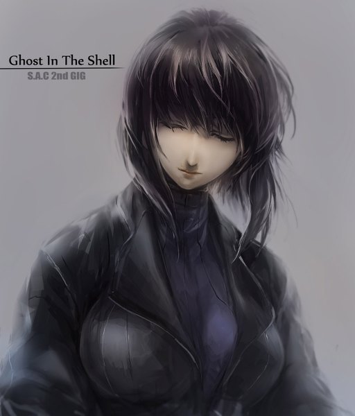 Anime picture 1348x1578 with ghost in the shell production i.g kusanagi motoko kzcjimmy single tall image short hair simple background eyes closed inscription grey background dark hair girl