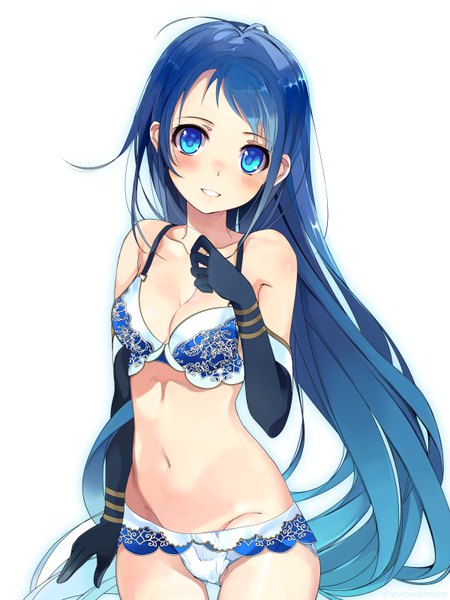 Anime picture 600x800 with kantai collection samidare destroyer shirokitsune single tall image looking at viewer blush blue eyes light erotic simple background smile white background blue hair very long hair arm up underwear only lace-trimmed bra lace-trimmed panties girl gloves