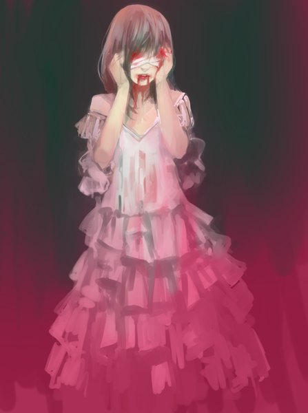Anime picture 879x1179 with original tsubu mikan single long hair tall image fringe simple background brown hair bare shoulders hands on head bandage over eyes girl dress frills blood