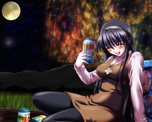Anime picture 1280x1024 with chocolat maid cafe curio akishima kanako nekonyan chocolat single blush breasts open mouth black hair large breasts sitting outdoors eyes closed long sleeves :d night arm support night sky fireworks drunk