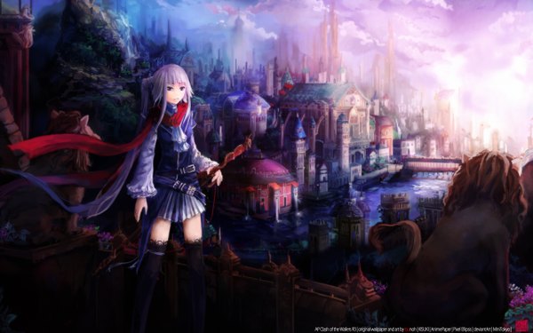 Anime picture 2560x1600 with original tsunoh long hair highres blue eyes wide image white hair ponytail city girl thighhighs black thighhighs animal sword scarf lion