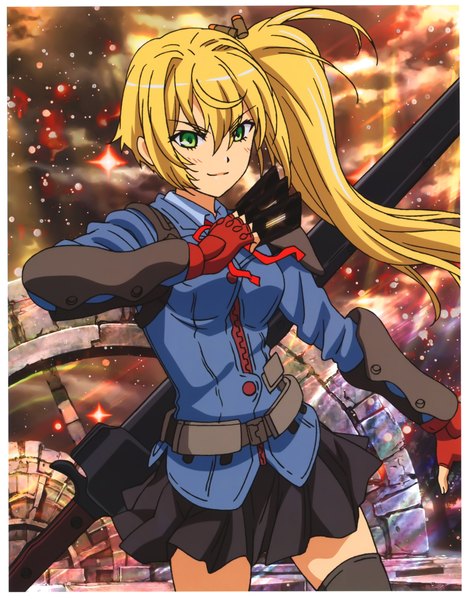 Anime picture 4184x5351 with million arthur (series) kaku-san-sei million arthur square enix arthur (techno smith) single long hair tall image blush highres blonde hair green eyes absurdres scan zettai ryouiki side ponytail girl thighhighs skirt weapon black thighhighs