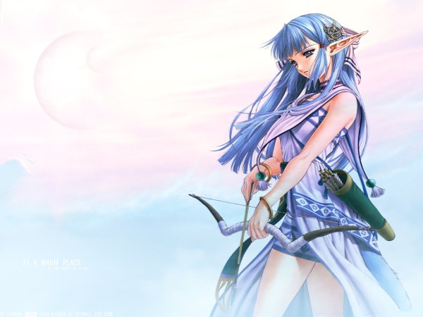 Anime picture 1280x960 with ys olha (ys) taue shunsuke single long hair open mouth blue eyes bare shoulders signed blue hair pointy ears elf third-party edit archery girl hair ornament weapon bracelet bow (weapon) arrow (arrows)