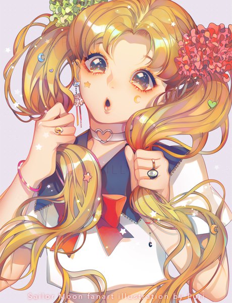 Anime picture 1150x1500 with bishoujo senshi sailor moon toei animation tsukino usagi puri single long hair tall image looking at viewer fringe open mouth blue eyes blonde hair simple background twintails brown eyes signed upper body head tilt grey background :o