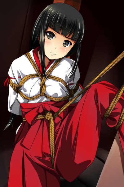 Anime picture 800x1200 with original matsunaga kouyou single long hair tall image looking at viewer blush fringe light erotic black hair simple background payot blunt bangs traditional clothes head tilt japanese clothes pleated skirt black eyes black background miko