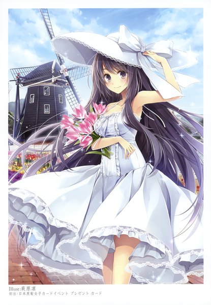 Anime picture 2406x3475 with original hagiwara rin single long hair tall image looking at viewer blush highres black hair smile sky cloud (clouds) black eyes scan girl dress flower (flowers) hat sundress bouquet
