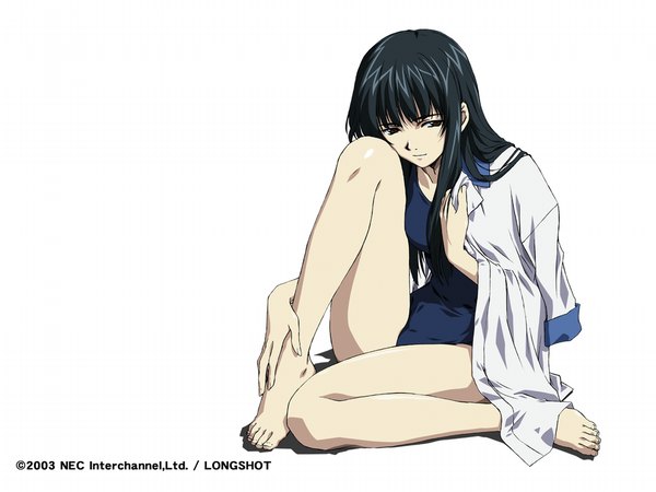 Anime picture 1024x768 with interlude watsuji aya horibe hiderou single long hair looking at viewer black hair white background brown eyes full body barefoot shadow swimsuit under clothes 2003 girl