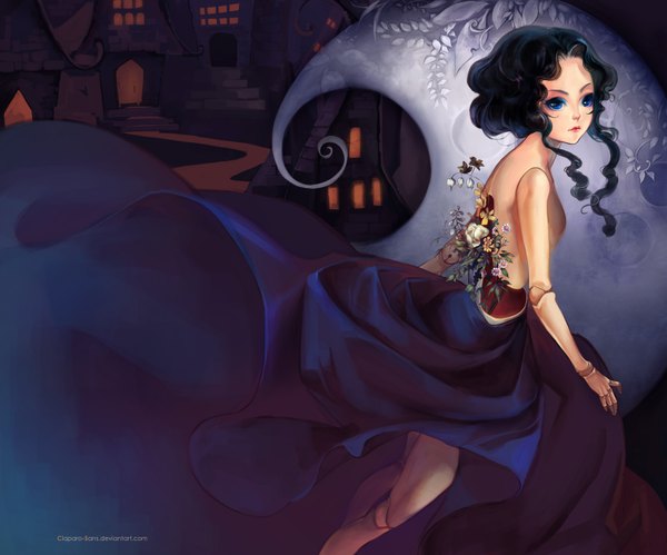 Anime picture 1563x1300 with original claparo-sans single short hair blue eyes black hair inscription wavy hair topless no nipples girl skirt flower (flowers) building (buildings) doll (dolls)