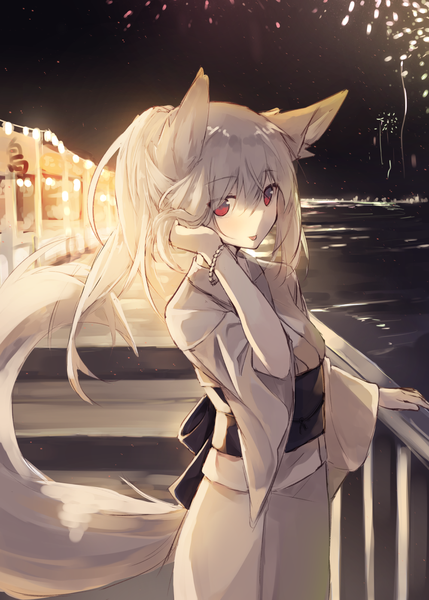 Anime picture 999x1398 with original nagishiro mito single long hair tall image looking at viewer fringe hair between eyes red eyes standing animal ears silver hair outdoors ponytail tail traditional clothes japanese clothes animal tail night wide sleeves