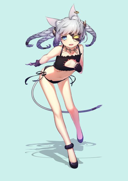 Anime picture 2480x3507 with league of legends rengar (league of legends) daye bie qia lian single long hair tall image looking at viewer highres blue eyes light erotic simple background animal ears yellow eyes tail animal tail grey hair cat ears shadow cat girl cat tail