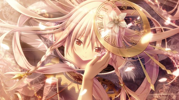 Anime picture 1280x720 with chrono clock kuro (chrono clock) koku long hair looking at viewer red eyes wide image game cg white hair traditional clothes japanese clothes girl hair ornament flower (flowers) petals kimono gears