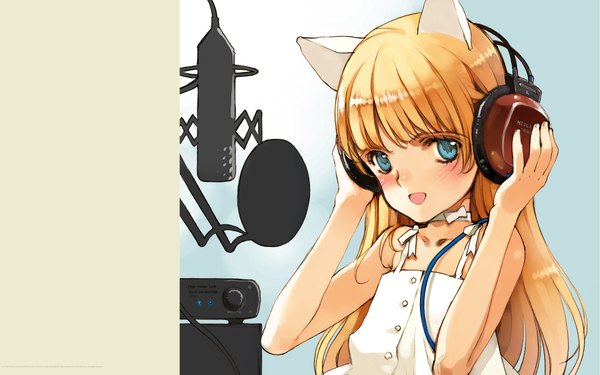 Anime picture 1920x1200 with shirotsume souwa littlewitch ema (shirotsume souwa) oyari ashito single long hair looking at viewer highres open mouth blue eyes blonde hair wide image animal ears upper body :d cat girl wallpaper hand on headphones girl headphones