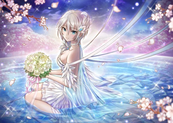 Anime picture 2464x1748 with idolmaster idolmaster cinderella girls anastasia (idolmaster) syrinxwell311 single looking at viewer highres short hair blue eyes smile bare shoulders white hair girl dress hair ornament flower (flowers) ribbon (ribbons) petals water white dress