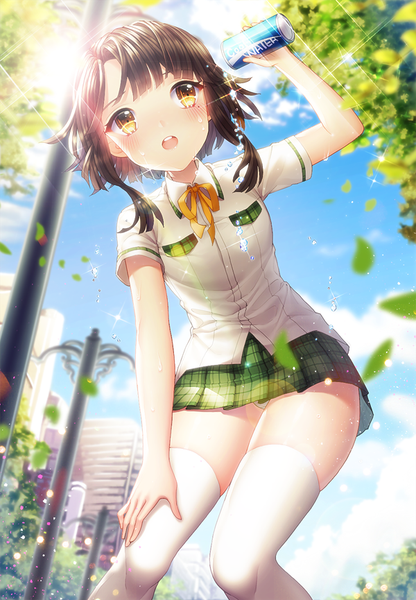 Anime picture 600x865 with sword girls sita vilosa saban single tall image looking at viewer blush fringe short hair light erotic brown hair standing holding outdoors pleated skirt sunlight blurry mole teeth :o